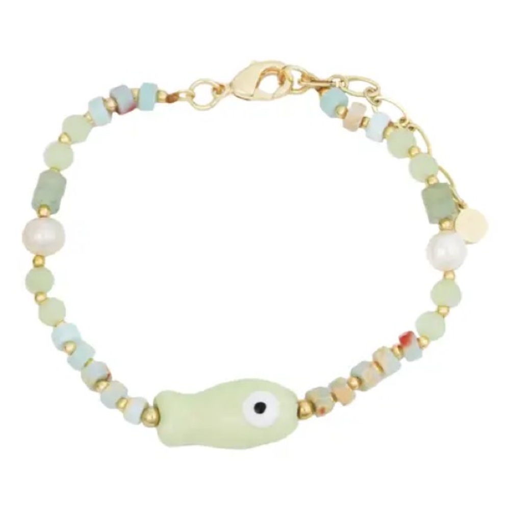 NWT South Moon Under 6 In Brac Gold Ceramics Fish Link Bracelet mint green